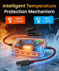 High Efficiency 12V 10A MPPT Solar Charge Controller with LCD, cables, and temperature protection, on ice and fire background