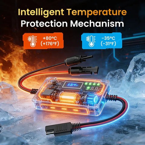 High Efficiency 12V 10A MPPT Solar Charge Controller with LCD, cables, and temperature protection, on ice and fire background