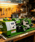 WYDDDARY Eight By Sixteen Inch Precision Benchtop Metal Lathe With Digital Readout DRO displayed on workbench, dimensions labeled clearly.