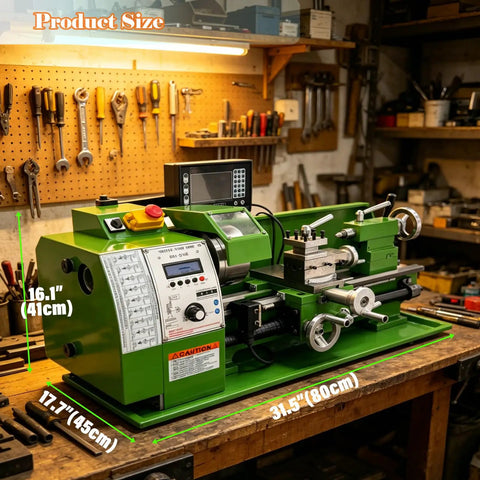 WYDDDARY Eight By Sixteen Inch Precision Benchtop Metal Lathe With Digital Readout DRO displayed on workbench, dimensions labeled clearly.