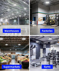 200W UFO LED High Bay Light 5000K illuminating various locations: warehouses, factories, supermarkets, gyms