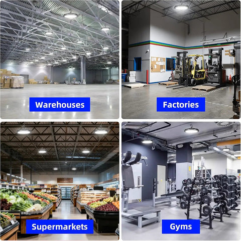 200W UFO LED High Bay Light 5000K illuminating various locations: warehouses, factories, supermarkets, gyms