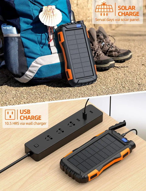 42800mAh Solar Charger Power Bank Portable Charger With USB C Input Output Dual USB Ports QC 3.0 Fast Charge External Battery Pack Built-In Super Bright Flashlight Charges Three Devices Outdoor Orange on a backpack