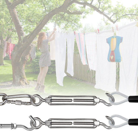 10 Pack M6 Turnbuckle Hook And Eye Set Stainless Steel 304 For Wire Rope Tension shown with clothesline installation.
