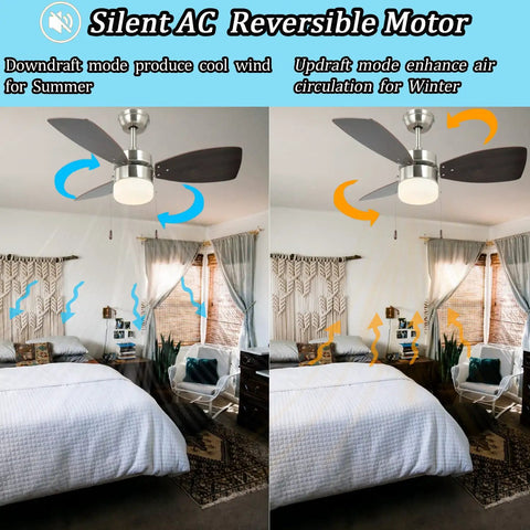 36 Inch Brushed Nickel Ceiling Fan With Light Kit And Pull Chain Control For Small Rooms, Quiet ETL Certified With Reversible Motor And 3 Reversible Blades, Ideal For Kitchen, Bedroom, Office, Bathroom, Hallway Or Living Space