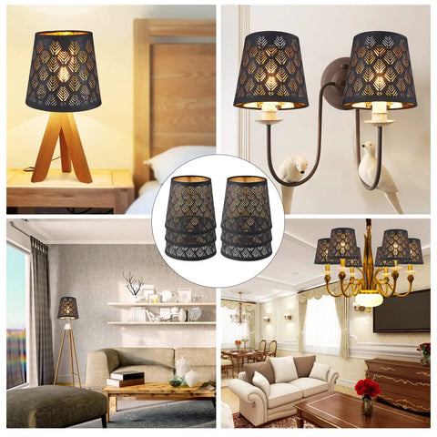 Crystal Chandelier Shades Set of 6 Clip On Mini Lamp Shades for Droplight Wall Lamps and Candle Chandeliers in various settings.