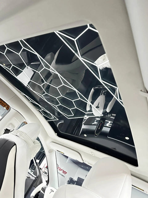 Inside view of Tesla Model Y with Compatible With 2020 To 2025 Model Y Electric Retractable Sunroof Sunshade installed.