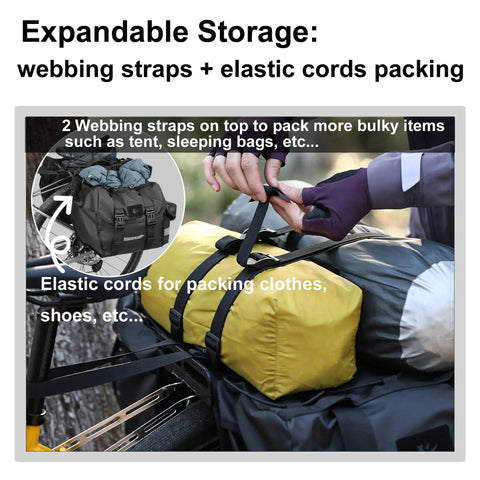 Expandable waterproof bike pannier bag 40L large capacity dual-sided rear rack with webbing straps and elastic cords.