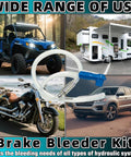 Universal Brake Bleeder Kit With One Way Check Valve Adapter And Hose for diverse vehicles including motorcycle, car, and RV.