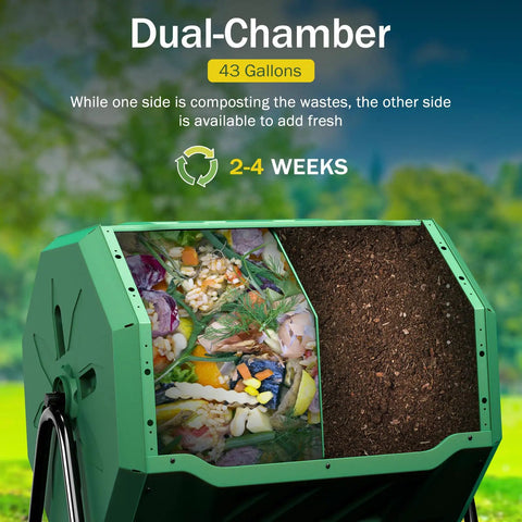 Front view of Large 43 Gallon Compost Tumbler Bin With Dual Chamber For Continuous Composting, showing compost contents and compartments.