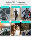 Various activities including fishing, recording pets, cycling, traveling, family moments, and climbing captured with a POV stabilizer.