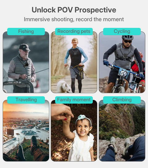 Various activities including fishing, recording pets, cycling, traveling, family moments, and climbing captured with a POV stabilizer.