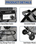 Close-up of 2-speed motor switch and solid rubber wheels of 30 Inch High Velocity Drum Fan With 2 Speed Settings Delivers Up To 13000 CFM For Industrial Shops Garages And Warehouses UL Listed Beefy Airflow For Basements And Large Work Areas