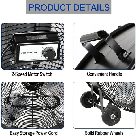 Close-up of 2-speed motor switch and solid rubber wheels of 30 Inch High Velocity Drum Fan With 2 Speed Settings Delivers Up To 13000 CFM For Industrial Shops Garages And Warehouses UL Listed Beefy Airflow For Basements And Large Work Areas
