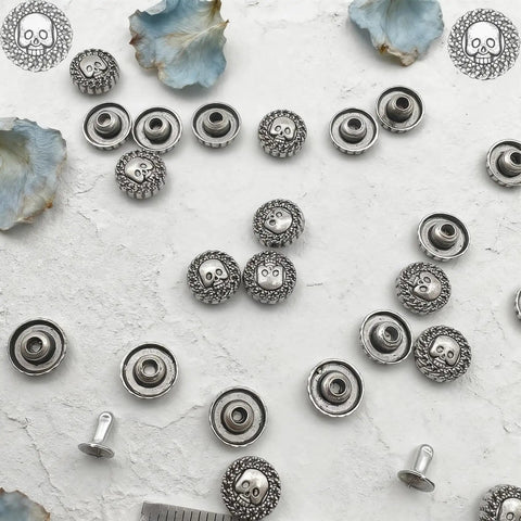 Top Shelf Badass Metal Skull Buttons And Screw Back Rivets For Leather Crafting 100 Pc Bulk Set showing detailed zinc alloy rivets.