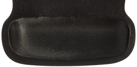 Close-up of black ergonomic gel wrist rest mouse pad with non-slip base for pain relief and smooth tracking.
