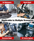 Collage of car maintenance, bicycle repair, motorcycle repair, and DIY interior upgrade showcasing Universal Nylon Cable Tie Buckles 300 Pack Self Locking T Rivets Kit for Cars and Trucks - Fastener Tool with Grip, Bumpers, Fender Liners, Door Panels, Splash Guards, Underbody Panels, Interior Trim Replacement use scenarios.