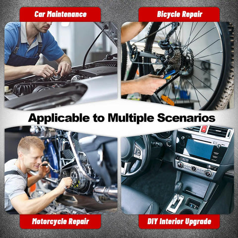 Collage of car maintenance, bicycle repair, motorcycle repair, and DIY interior upgrade showcasing Universal Nylon Cable Tie Buckles 300 Pack Self Locking T Rivets Kit for Cars and Trucks - Fastener Tool with Grip, Bumpers, Fender Liners, Door Panels, Splash Guards, Underbody Panels, Interior Trim Replacement use scenarios.