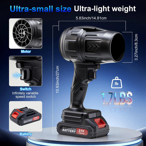 Cordless Leaf Blower With Dual 21V Batteries And Charger Turbo Jet 98000 RPM lightweight design showing motor, switch, battery