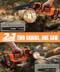 2 In 1 Mini Chainsaw Kit: 6 Inch And 8 Inch Cordless Electric Chainsaws with dual bars cutting logs outdoors.
