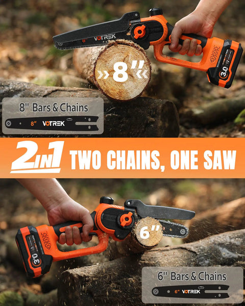2 In 1 Mini Chainsaw Kit: 6 Inch And 8 Inch Cordless Electric Chainsaws with dual bars cutting logs outdoors.