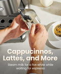 Hands steaming milk with the Next Level Semiautomatic Espresso Machine With Dual Boiler Built In Grinder And Precision Steam Wand.