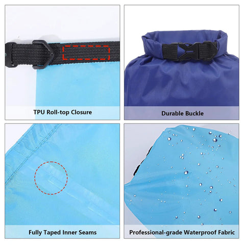 Features of Six Pack Ultralight Dry Bags For Outdoors, Roll Top Waterproof Sacks Made Of Polyester With PU Coating, including closure and seams