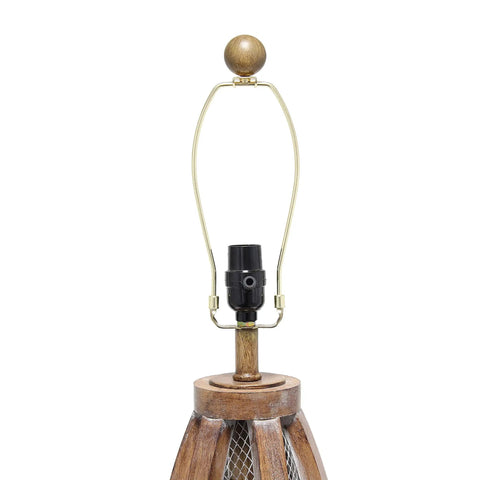 Vintage Farmhouse Wood Two Light Table Lamp With Netted Shade And Old Wood Base without shade, socket and frame view
