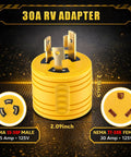 Close-up of Campground Certified 30 Amp Generator Adapter Nema L5-30P male and TT-30R female connectors in yellow, showing dimensions.