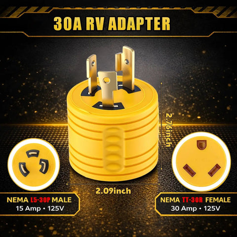 Close-up of Campground Certified 30 Amp Generator Adapter Nema L5-30P male and TT-30R female connectors in yellow, showing dimensions.