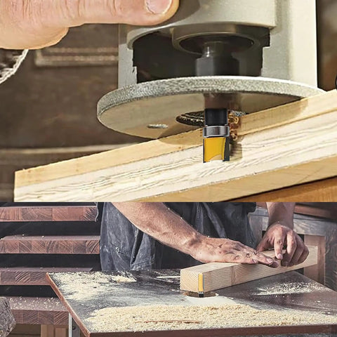 Using 4 Piece Flush Trim Router Bit Set With Top Bearing Carbide Cutters on plywood for precise template routing and clean edges.