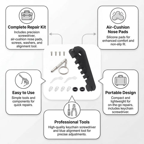 All In One Eyeglass Repair Kit With Frame Adjuster Tools Ear Grips Nose Pads And A 3 In 1 Screwdriver For Tightening Glasses Frames Temple Arms On The Go Or At Home Black showing components.