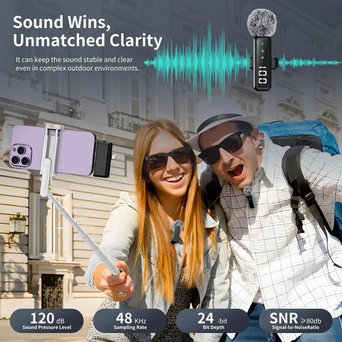 Couple recording with Wireless Lavalier Microphone For iPhone And Android, 2 Pack Clip On Lapel Mic, AI Noise Cancellation displayed