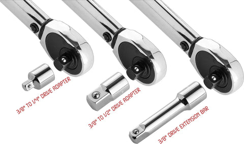 3/8-Inch Drive Click Torque Wrench with adapters and extension bar, featuring hardened Cr-V head, knurled non-slip grip, dual scale.