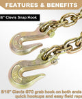 Built Tough Transport Chain Five Sixteenth Inch By Ten Feet With G70 Clevis Grab Hook And Slip Hook 4900 Lb Safe Working Load shown