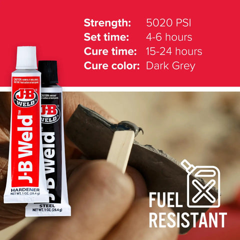 Cold Weld Steel Reinforced Epoxy Two Part Kit 2 Oz for DIY Repairs, showing tubes and cured metal bonding demonstration.
