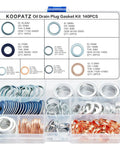 140 Pcs Oil Drain Plug Gasket Assortment Kit For Toyota Honda Subaru VW Audi Mercedes Benz With Premium Aluminum Copper Crush Washers And Seals OEM Numbers Included displayed in a plastic case with compartments showing various size washers.