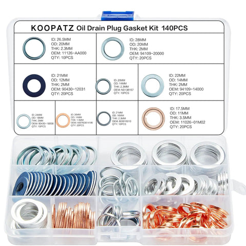 140 Pcs Oil Drain Plug Gasket Assortment Kit For Toyota Honda Subaru VW Audi Mercedes Benz With Premium Aluminum Copper Crush Washers And Seals OEM Numbers Included displayed in a plastic case with compartments showing various size washers.