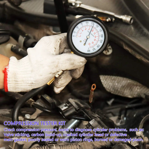 Mechanic using Compression Tester Kit For Engine Cylinders With Pressure Gauge Adapters, 8 Piece Set on vehicle engine