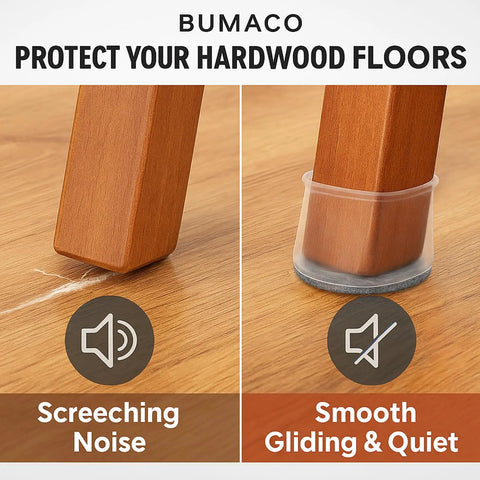 20 Pack Chair Leg Floor Protectors Silicone Pads For Hardwood Floors Clear Universal Fit shown reducing noise on wood floor.