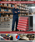 Heavy Duty Seven Drawer Rolling Tool Chest With Lockable Drawers And Waterproof Top Red Mobile Workshop Cabinet for organized tool storage.