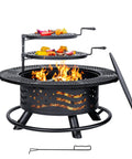 36 Inch Fire Pit With Dual Cooking Grates And Lid For Backyard Grilling And Chill Sessions Outdoor Wood Burning Tabletop Style Pit Steel Round Bonfire Pit With Cover In Black, flames visible with cooking food