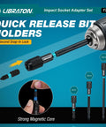 All In One 17 Piece Impact Socket Adapter Set For One Quarter Inch, Three Eighths Inch, And One Half Inch Square Drive With Quick Release Bit Holders And 360 Degree Swivel Adapters Pro Grade Heavy Duty Drill Accessory Kit, quick release bit holder