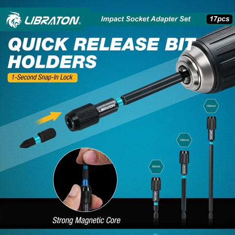 All In One 17 Piece Impact Socket Adapter Set For One Quarter Inch, Three Eighths Inch, And One Half Inch Square Drive With Quick Release Bit Holders And 360 Degree Swivel Adapters Pro Grade Heavy Duty Drill Accessory Kit, quick release bit holder