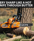 Orange chainsaw with "aoLong" branding on a tree log in a woodland setting.