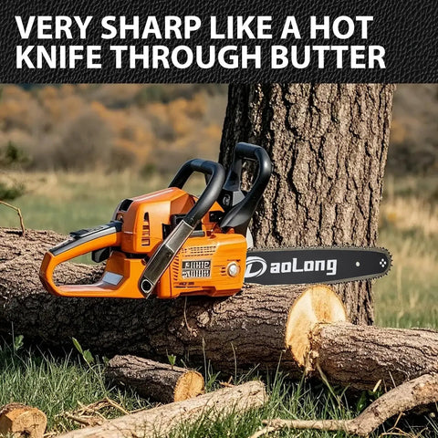 Orange chainsaw with "aoLong" branding on a tree log in a woodland setting.