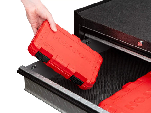 Hand placing a red storage case of 3/8 Inch Drive Long Hex Bit Socket Set, 10-Piece 3-10 mm, in a tool drawer