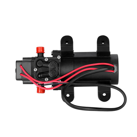 Top view of 12V DC Water Pump For RV And Boat, 1.2 GPM Diaphragm Pump, Self Priming Up To 4 Feet, black with red and black wires.