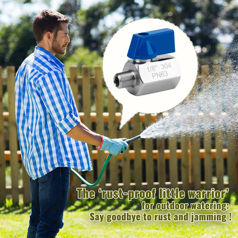 Man using hose with Four Pack 1/2 NPT Mini Ball Valves in 304 Stainless Steel, durable shutoff valves, ideal for home and garden use