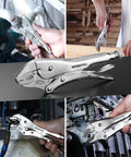 10 Inch Curved Jaw Locking Pliers With Wire Cutter Beefy Heavy Duty Chrome Vanadium Steel Vise Grips in use for clamping.